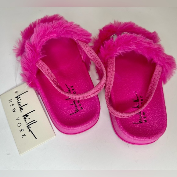 Nicole Miller Toddler Pink Faux Fur Sandals Slides - Girls Slides NEW - Picture 4 of 10